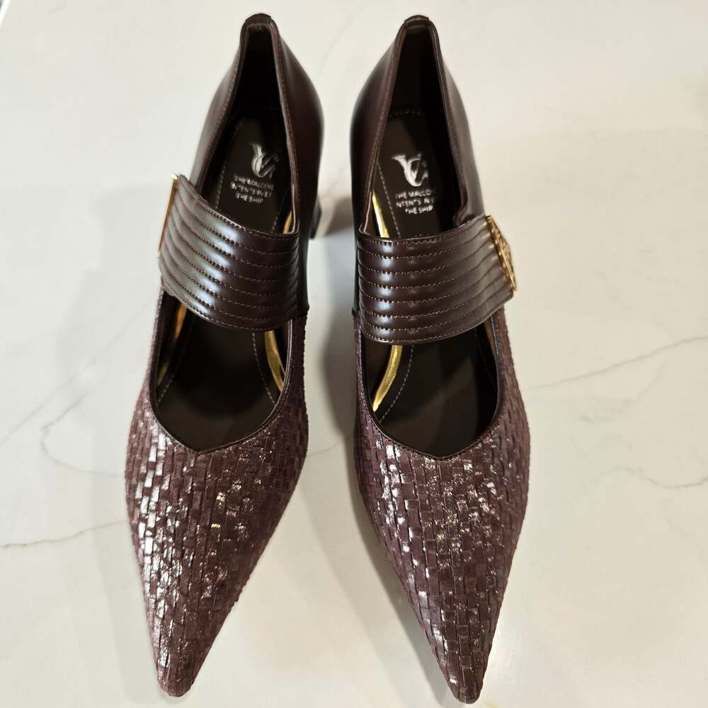 PANAD Woven Pointed Toe Block Heel Mary Jane Pumps